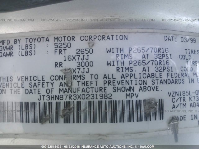 JT3HN87R3X0231982 - 1999 TOYOTA 4RUNNER LIMITED SILVER photo 9