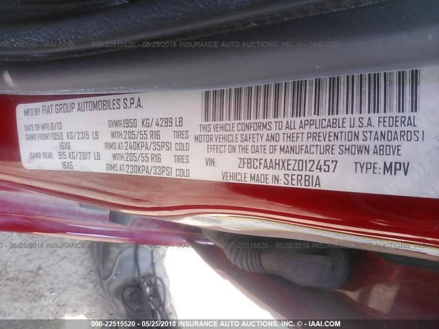 ZFBCFAAHXEZ012457 - 2014 FIAT 500L POP RED photo 9