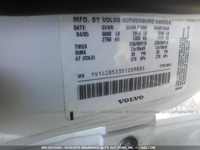 YV1CZ852351209885 - 2005 VOLVO XC90 V8 WHITE photo 9