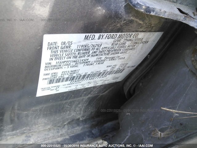 1FAHP27156G114509 - 2006 FORD FIVE HUNDRED SEL GRAY photo 9