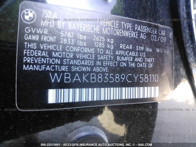 WBAKB83589CY58110 - 2009 BMW 750 BLACK photo 9