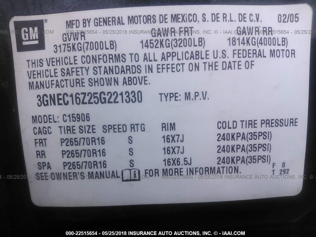 3GNEC16Z25G221330 - 2005 CHEVROLET SUBURBAN C1500 GRAY photo 9