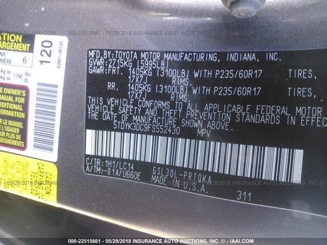 5TDYK3DC9FS552430 - 2015 TOYOTA SIENNA XLE/LIMITED GRAY photo 9