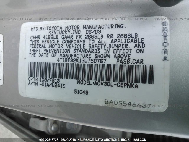 4T1BE32K13U750767 - 2003 TOYOTA CAMRY LE/XLE/SE 银色 照片 9