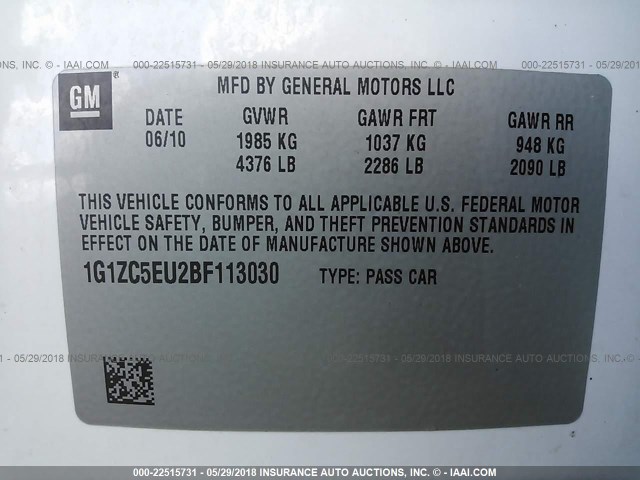 1G1ZC5EU2BF113030 - 2011 CHEVROLET MALIBU 1LT 白色 照片 9