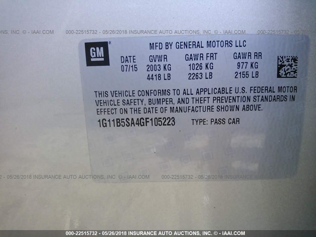 1G11B5SA4GF105223 - 2016 CHEVROLET MALIBU LIMITED LS GOLD photo 9