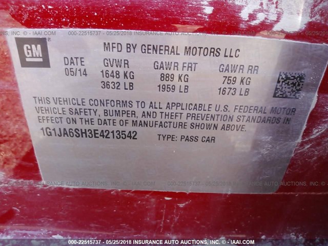1G1JA6SH3E4213542 - 2014 CHEVROLET SONIC LS RED photo 9