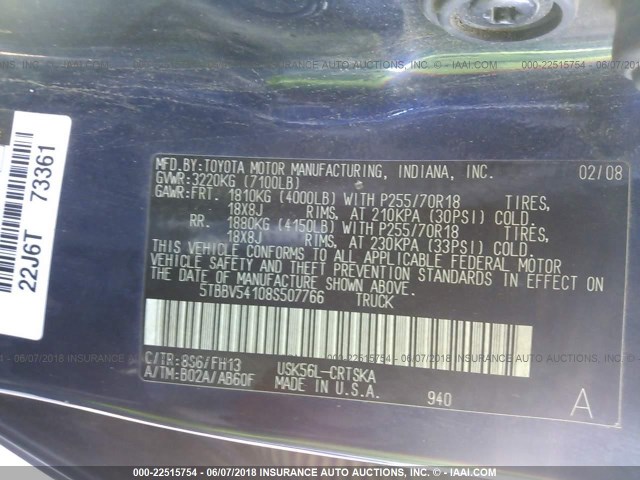 5TBBV54108S507766 - 2008 TOYOTA TUNDRA DOUBLE CAB/DOUBLE CAB SR5 BLUE photo 9