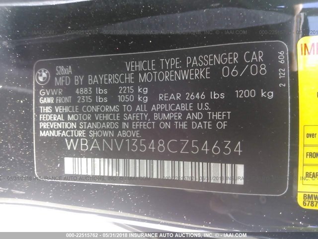 WBANV13548CZ54634 - 2008 BMW 528 XI BLACK photo 9