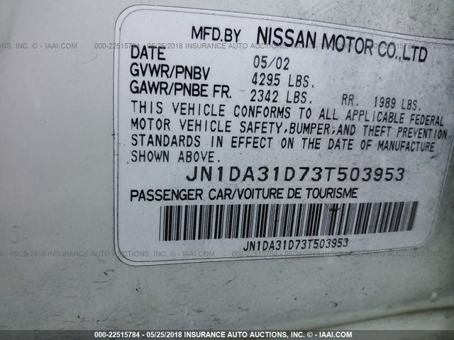 JN1DA31D73T503953 - 2003 NISSAN MAXIMA GLE/GXE/SE WHITE photo 9