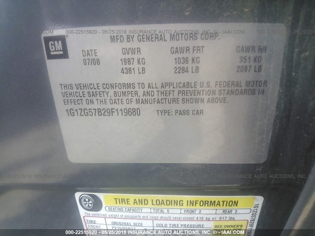 1G1ZG57B29F119680 - 2009 CHEVROLET MALIBU LS Boz foto 9