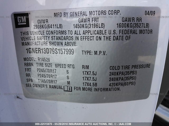 1GNER13D79S157999 - 2009 CHEVROLET TRAVERSE LS WHITE photo 9