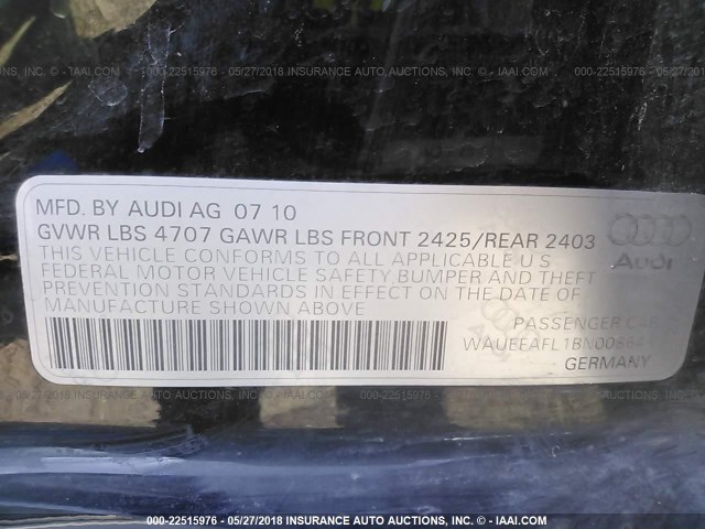 WAUEFAFL1BN008641 - 2011 AUDI A4 PREMIUM PLUS BLACK photo 9