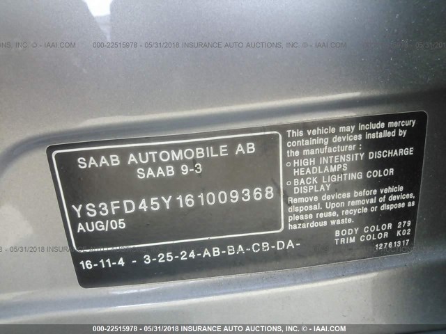 YS3FD45Y161009368 - 2006 SAAB 9-3 GRAY photo 9