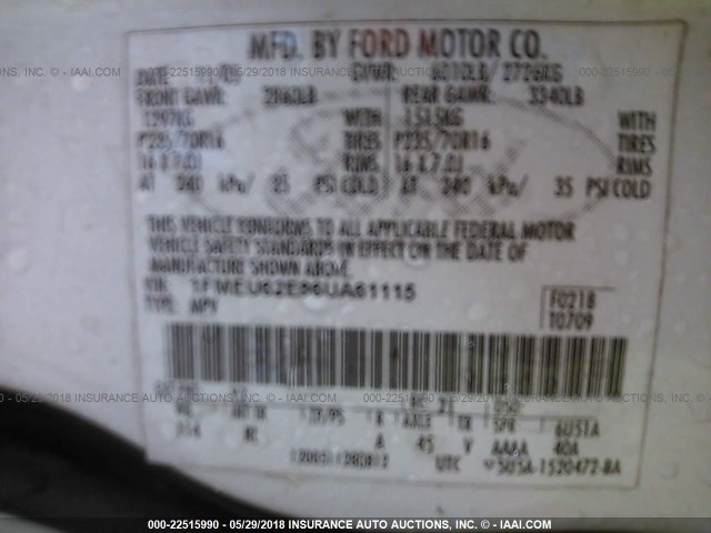 1FMEU62E86UA61115 - 2006 FORD EXPLORER XLS WHITE photo 9