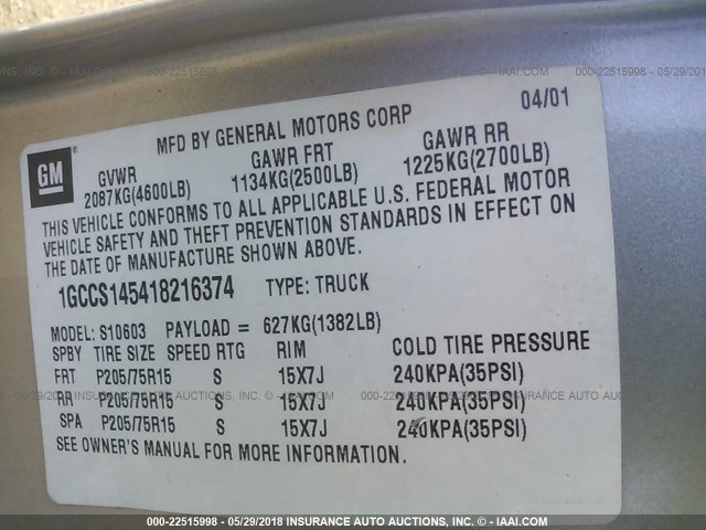 1GCCS145418216374 - 2001 CHEVROLET S TRUCK S10 Qəhvəyi foto 9