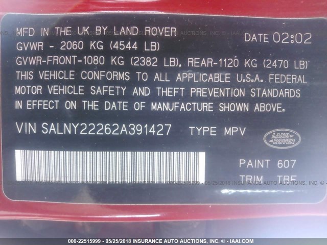 SALNY22262A391427 - 2002 LAND ROVER FREELANDER SE RED photo 9