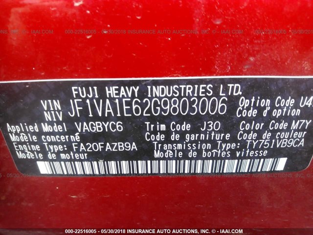 JF1VA1E62G9803006 - 2016 SUBARU WRX PREMIUM RED photo 9