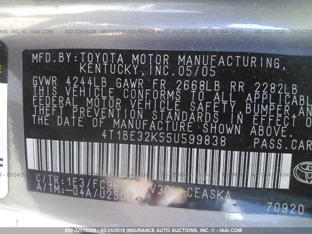 4T1BE32K55U599838 - 2005 TOYOTA CAMRY LE/XLE/SE ნაცრისფერი ფოტო 9