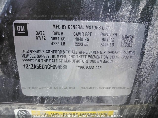 1G1ZA5EU1CF390663 - 2012 CHEVROLET MALIBU LS GRAY photo 9