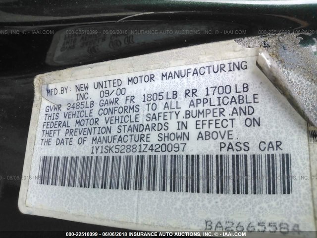 1Y1SK52881Z420097 - 2001 CHEVROLET GEO PRIZM LSI მწვანე ფოტო 9