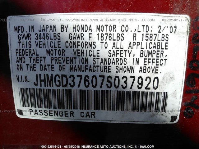 JHMGD37607S037920 - 2007 HONDA FIT S RED photo 9