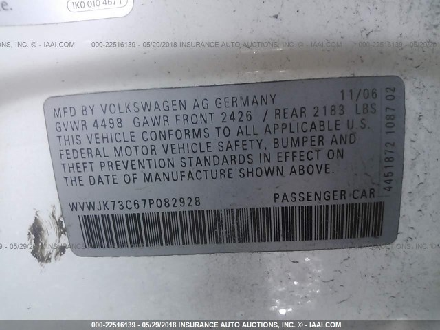 WVWJK73C67P082928 - 2007 VOLKSWAGEN PASSAT WHITE photo 9