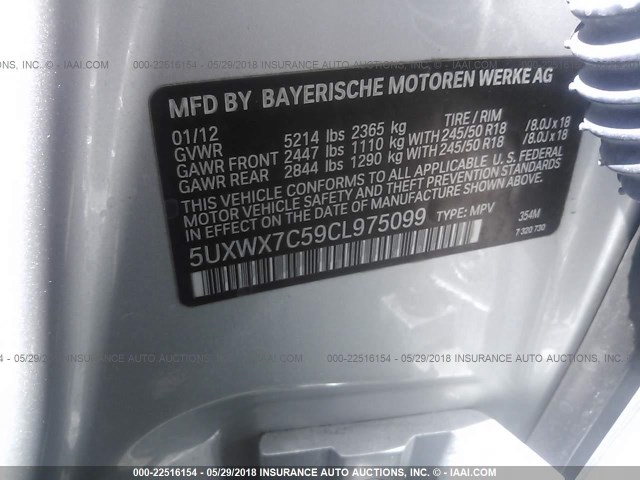 5UXWX7C59CL975099 - 2012 BMW X3 XDRIVE35I SILVER photo 9