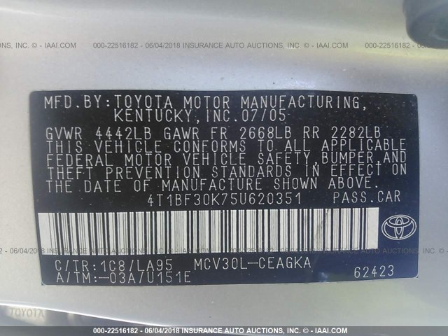 4T1BF30K75U620351 - 2005 TOYOTA CAMRY LE/XLE/SE ვერცხლისფერი ფოტო 9