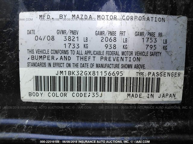 JM1BK32GX81156695 - 2008 MAZDA 3 I BLUE photo 9