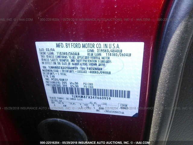1LNHM87A34Y660959 - 2004 LINCOLN LS BURGUNDY photo 9