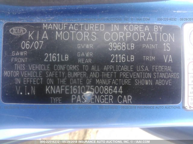 KNAFE161075008644 - 2007 KIA SPECTRA5 SX BLUE photo 9