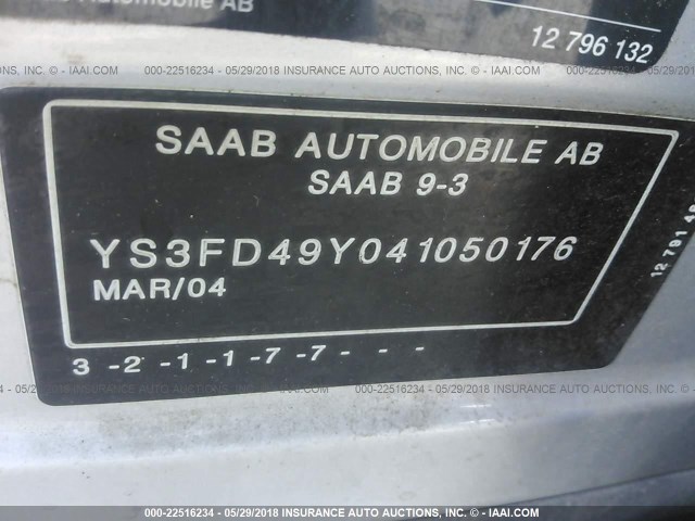 YS3FD49Y041050176 - 2004 SAAB 9-3 ARC SILVER photo 9