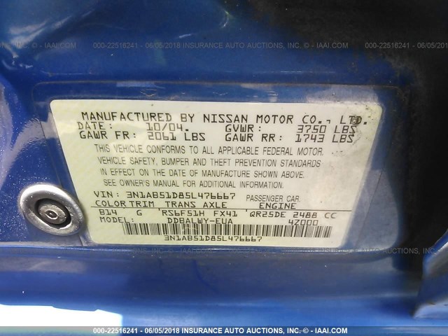 3N1AB51D85L476667 - 2005 NISSAN SENTRA SE-R SPEC V BLUE photo 9