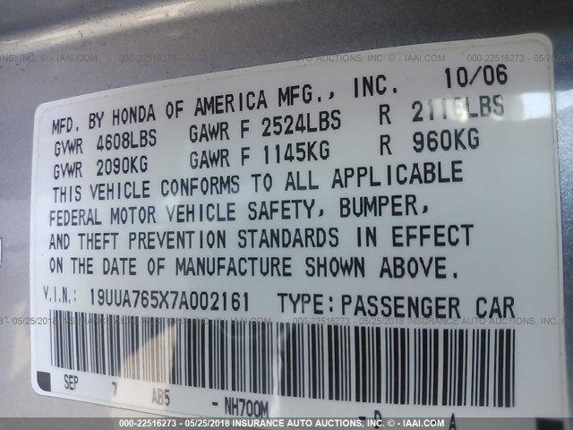 19UUA765X7A002161 - 2007 ACURA TL TYPE S SILVER photo 9