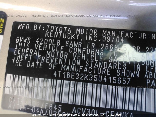 4T1BE32K35U415657 - 2005 TOYOTA CAMRY LE/XLE/SE ოქროსფერი ფოტო 9