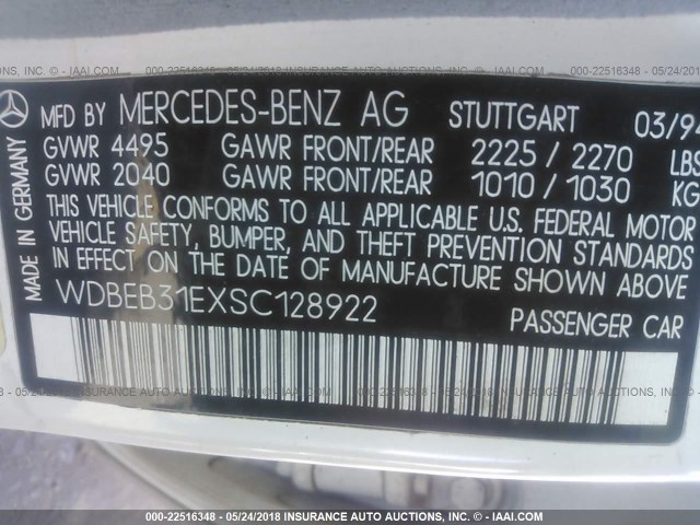 WDBEB31EXSC128922 - 1995 MERCEDES-BENZ E 300D/300D SPECIAL WHITE photo 9