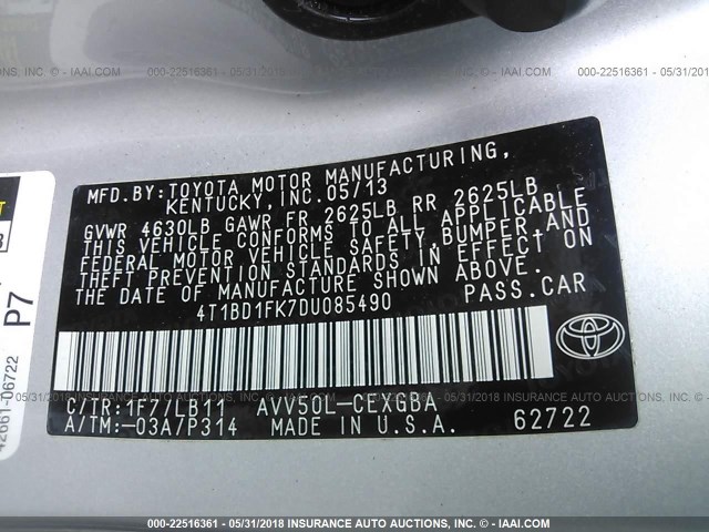 4T1BD1FK7DU085490 - 2013 TOYOTA CAMRY HYBRID/LE/XLE 银色 照片 9