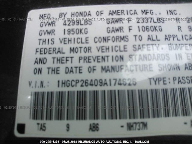 1HGCP26409A174626 - 2009 HONDA ACCORD LXP GRAY photo 9