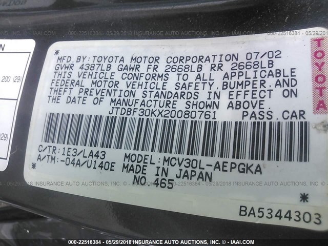JTDBF30KX20080761 - 2002 TOYOTA CAMRY LE/XLE/SE ნაცრისფერი ფოტო 9