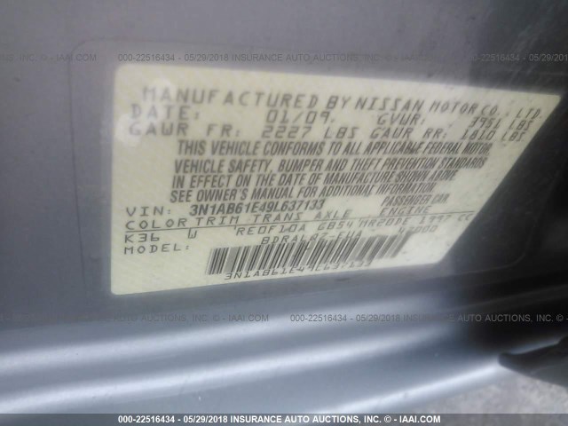 3N1AB61E49L637133 - 2009 NISSAN SENTRA 2.0/2.0S/2.0SL SILVER photo 9