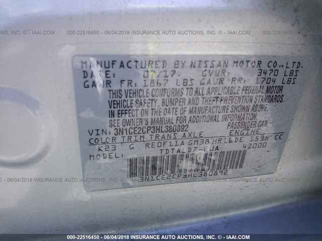 3N1CE2CP3HL380892 - 2017 NISSAN VERSA NOTE S/S PLUS/SV/SL/SR SILVER photo 9