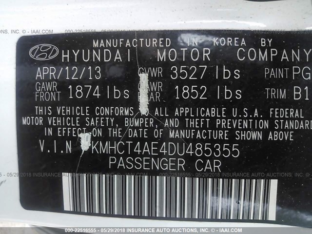 KMHCT4AE4DU485355 - 2013 HYUNDAI ACCENT GLS/GS WHITE photo 9