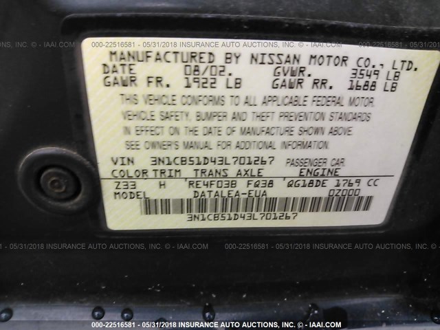 3N1CB51D43L701267 - 2003 NISSAN SENTRA XE/GXE BLUE photo 9