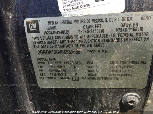 3GNDA13D48S559565 - 2008 CHEVROLET HHR LS BLUE photo 9