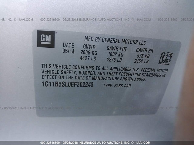 1G11B5SL0EF302243 - 2014 CHEVROLET MALIBU LS ვერცხლისფერი ფოტო 9