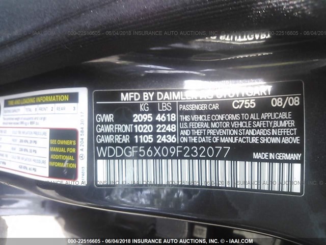 WDDGF56X09F232077 - 2009 MERCEDES-BENZ C 350 GRAY photo 9