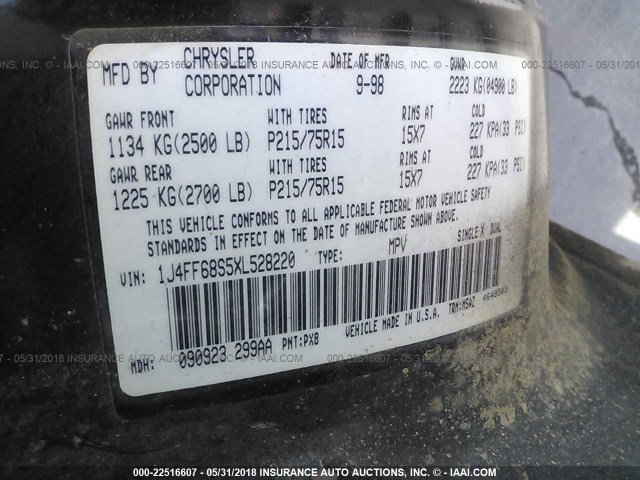 1J4FF68S5XL528220 - 1999 JEEP CHEROKEE SPORT/CLASSIC შავი ფოტო 9