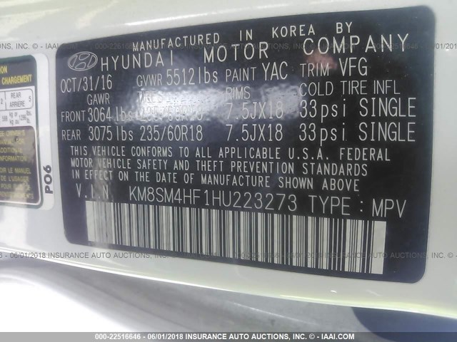 KM8SM4HF1HU223273 - 2017 HYUNDAI SANTA FE SE WHITE photo 9