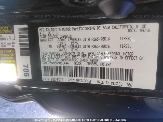 3TMCZ5AN0GM031444 - 2016 TOYOTA TACOMA DBL CAB/SR/SR5/TRD SPT/OR BLACK photo 9